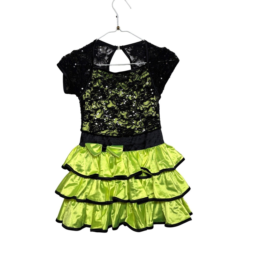 Weissman Girlfriend 9708 Lime Green Black Sequin Lace Dance Costume Dress 8/10
